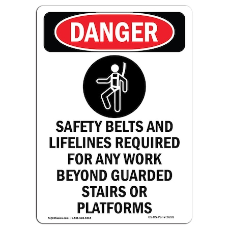 OSHA Danger Sign, Safety Belts And Lifelines, 18in X 12in Decal